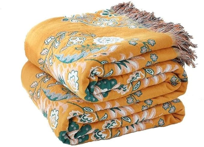 Boho Throw Blanket for Bed,100% Cotton Ultra Soft Lightweight Muslin 4-Layer Breathable Woven Throws 80''x 90'' Blanket Yellow Floral Printed Farmhouse Decor Bed Blankets