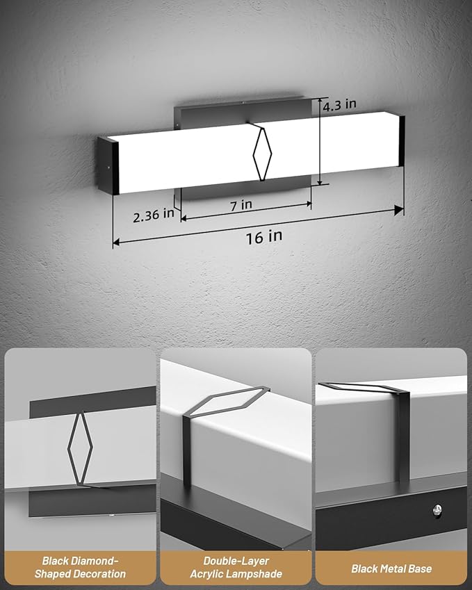 Bathroom Light Fixtures,Modern Dimmable Vanity Lights for Bathroom,15.75inch 20W 2000LM Black LED Vanity Lights Bar Over Mirror, LED Lighting Fixture 5700K Cool White ETL Certified