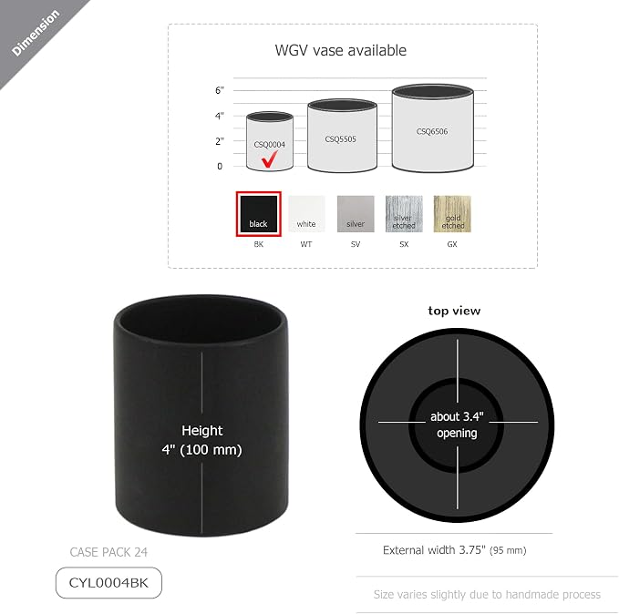 WGVI Matte Black Ceramic Cylinder Vase Width 3.75" Height 4", Flower Arrangements, Candle Holder, Terrarium Planter Pot, Tabletop Storage Container Organizer Pen Brush Holder, Bulk Wholesale, 24 Pcs