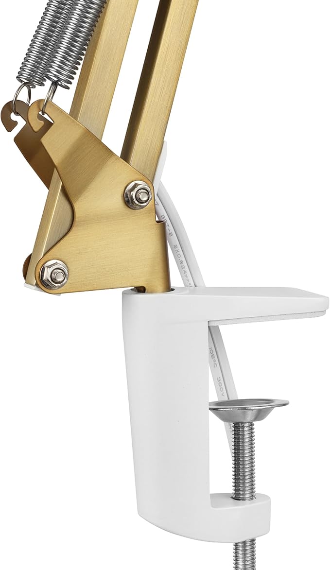 Globe Electric 62000010 32" Multi-Joint Desk Lamp with Metal Clamp, Matte Brass, White Accents, On/Off Rotary Switch on Shade, Partially Adjustable Swing Arm, Home Décor, Office Accessory