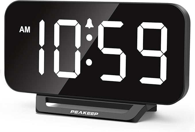 Peakeep Small Digital Alarm Clock for Bedrooms, Loud for Heavy Sleepers | Dimmable Plug in Electric Large Numbers Clock Battery Backup, Slim Clock for Table Office Modern Living Room (BW)