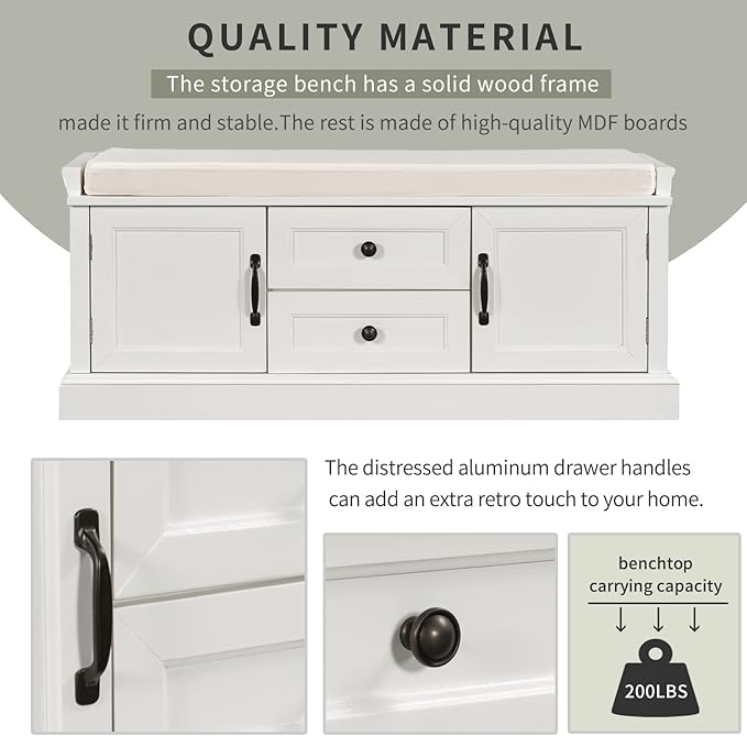Merax Modern Wood Storage Bench with 2 Drawers and 2 Cabinets for Living Room Bed Room Entryway White