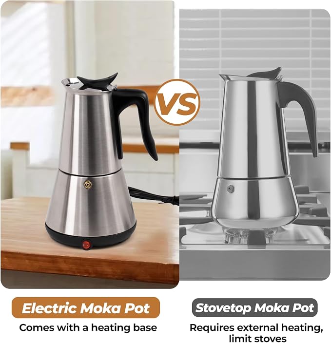 Electric Stainless Steel Moka Pot 6 Cup 300ml Mocha Pot | Espresso Maker with Detachable Base Ideal Coffee Maker for Home Italian and Cuban Café Coffeemaker Espressomaker Coffee Pot