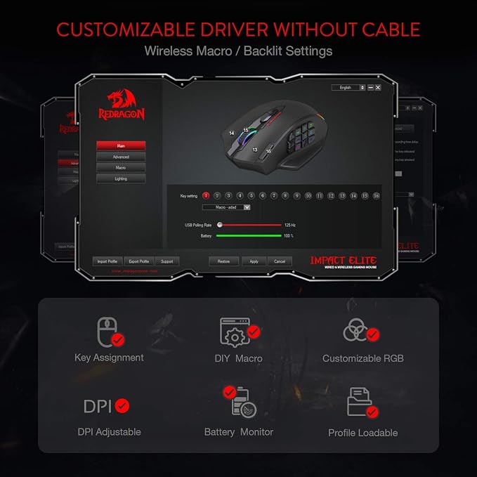 Redragon M913 Wireless RGB MMO Gaming Mouse 16000 DPI Remapping Keys | Cable-Free 0 Delay Dedicated for FPS Gamers, Redefine Keybinding Macro, Vibing Backlight, Ergonomic Grip Body Comfort