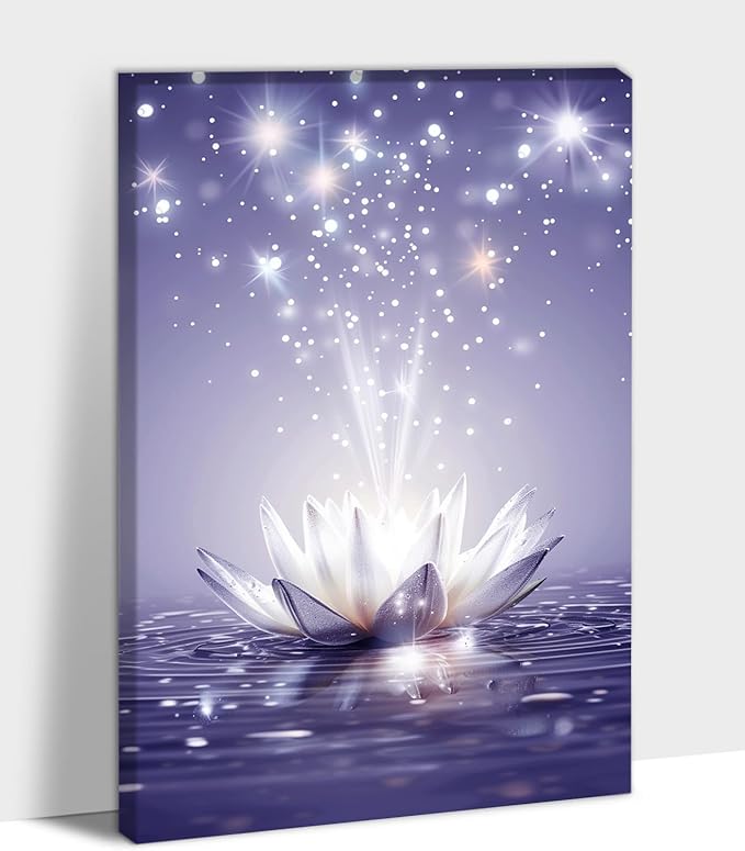 Zen Canvas Wall Art, White Lotus Flower Bloom in Water Picture, Zen Blue Flower Painting, Modern Framed Spiritual Home Artwork for Yoga Spa Meditation Spiritual Room Living Room Office 12x18 inch