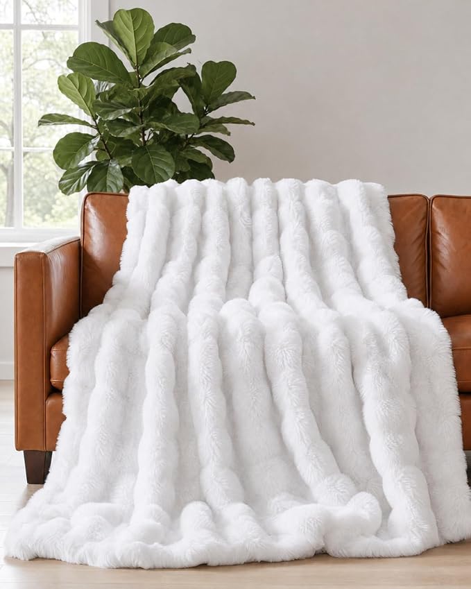 3D Fleece Bubble Blanket Twin Size - Rabbit Blanket - 60" x 80", White | Soft Fluffy Faux Fur Blanket for Couch Sofa & Chair, Cozy Gifts for Women, Tie Dye Cloud Throw Bed Cover, Thick Plush Bedding