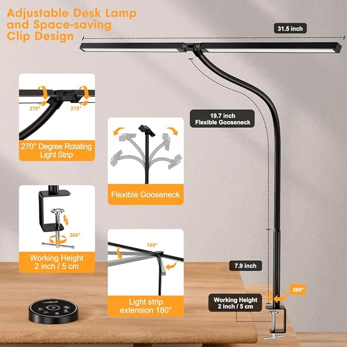 Pzloz Led Desk Lamp for Office Home - Eye Caring Architect lamp with Clamp,Dual Screen Computer Monitor Work Smart Light: 24W 5 Color Flexible Adjustable Lighting Table Lamp for Study Drafting