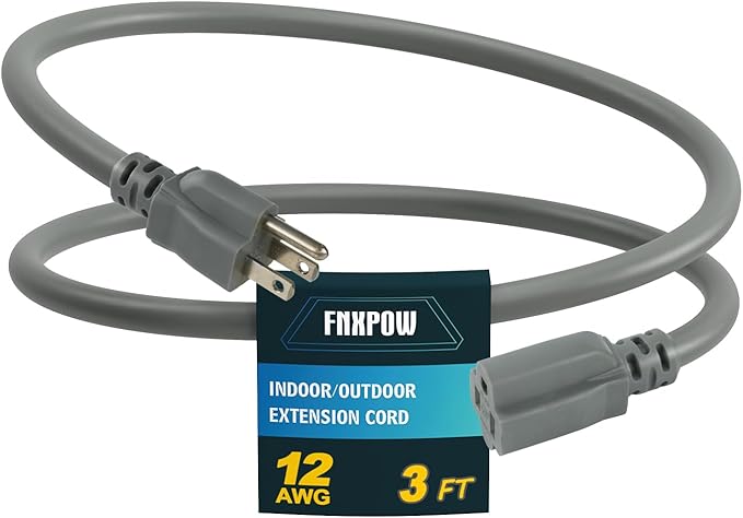 Indoor Extension Cord, 12 Gauge 3 Prong Weatherproof Heavy Duty Gray Extension Cords, 12/3 SJTW 15A 3 FT Extension Cable for Garage, Garden and Home