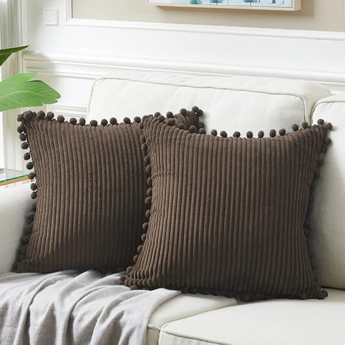 Fancy Homi 2 Packs Dark Brown 26x26 Pillow Covers, Euro Pillow Covers with Pom-poms, Big Throw Pillow Covers for Couch Bedroom 66x66 cm