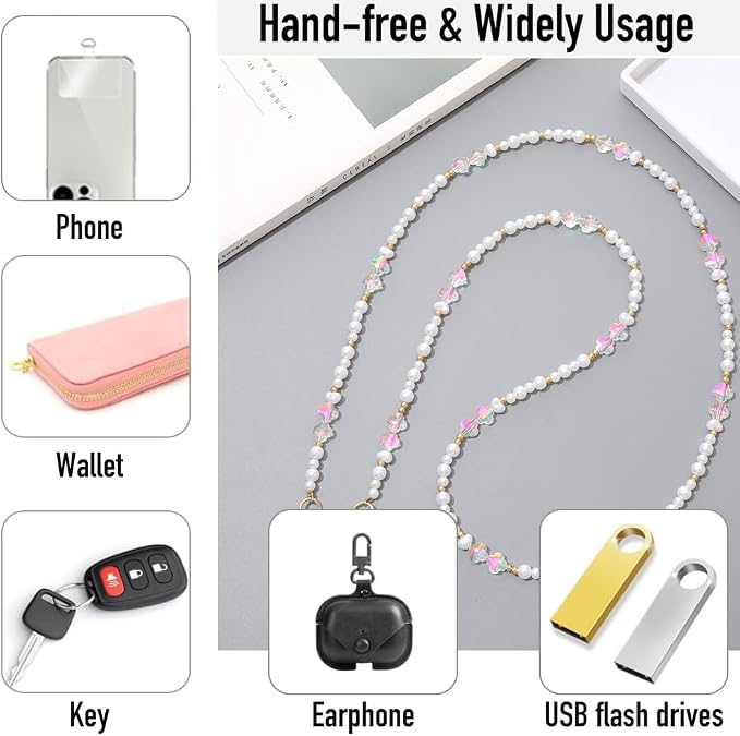 Phone Chain Crossbody Pearl Strap,Pearl Beaded Chain Shoulder Crossbody Lanyard with Phone Tether Patches Compatible with Most Phones Bag Purse (F)