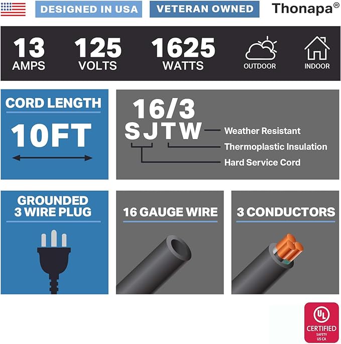 Thonapa 13 Amp Outdoor Extension Cord 10 ft, 16/3 SJTW 10 Foot Black Extension Cord 3 Prong, Weatherproof Exterior Power Cable for Outside Lights & Lawn, UL Certified - US Veteran Owned