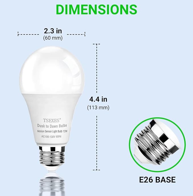 Motion Sensor Light Bulbs, 12W (100Watt Equivalent), Motion Activated Dusk to Dawn Security LED Bulb, 3000K Soft White for Outdoor & Indoor,Porch, Stairs, Hallway, 4-Pack