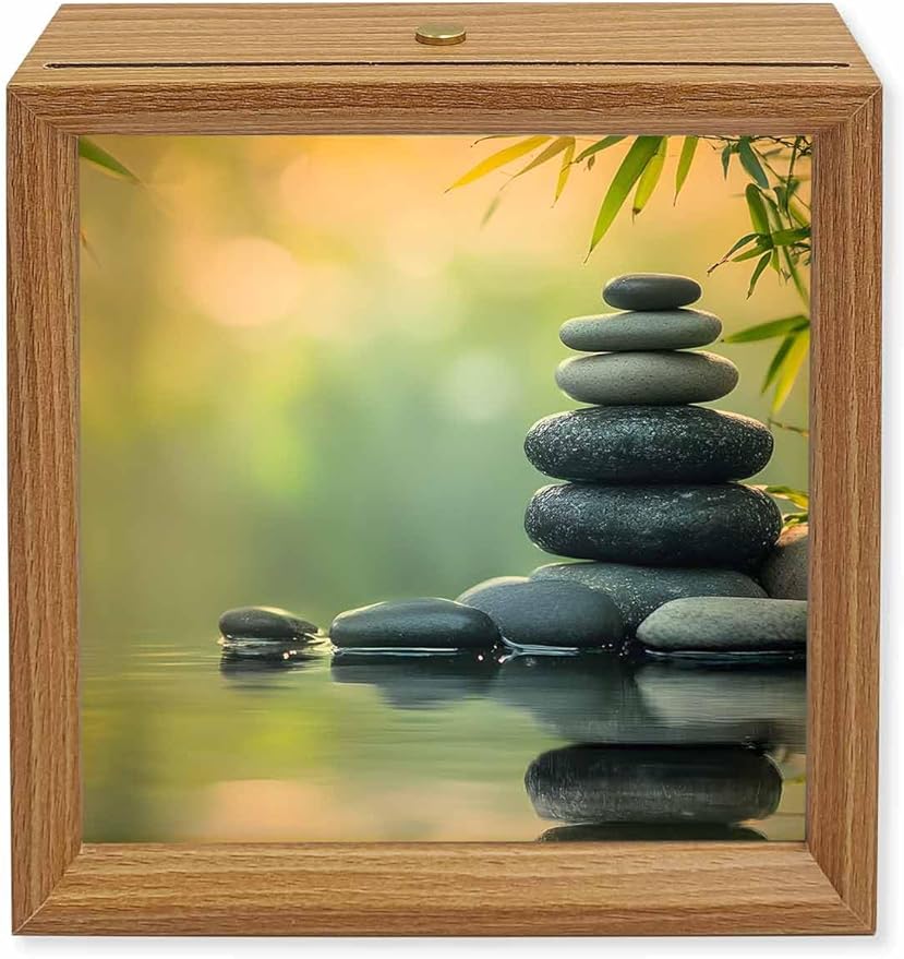 Wood Night Light Box 4.5x4.5in,Zen Meditation Stone Lake Table Lights Wooden Picture Frame with USB Rechargeable Touch LED Lights for Home Decor Desktop Display,Nature Landscape Still Life