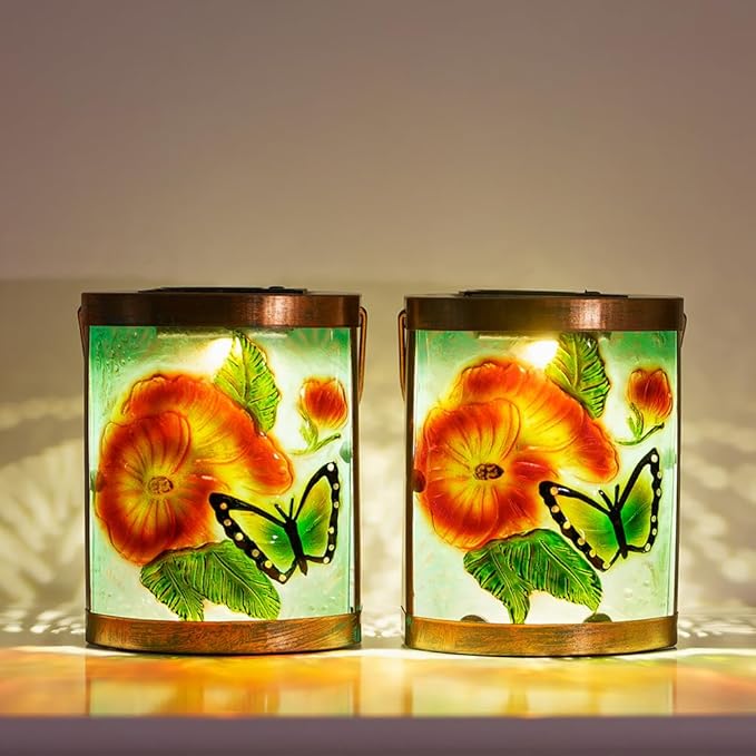 Starsoul 2 Pack Hanging Solar Lantern Outdoor Waterproof Glass Butterfly and Flowers Decorative Solar Lights for Outside Garden Yard Table Patio Decor