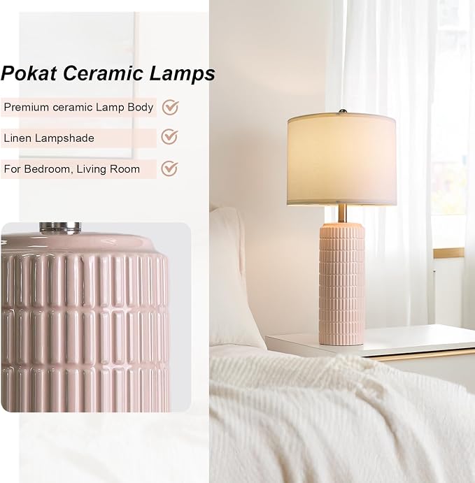 PoKat 27.5" Pink Ceramic Table Lamps for Girls Room Set of 2, Modern Bedroom Lamps, Bedside Lamps for Night Stands Living Room, Cute Lamps Pink Decor, Nightstands Desk Nursery
