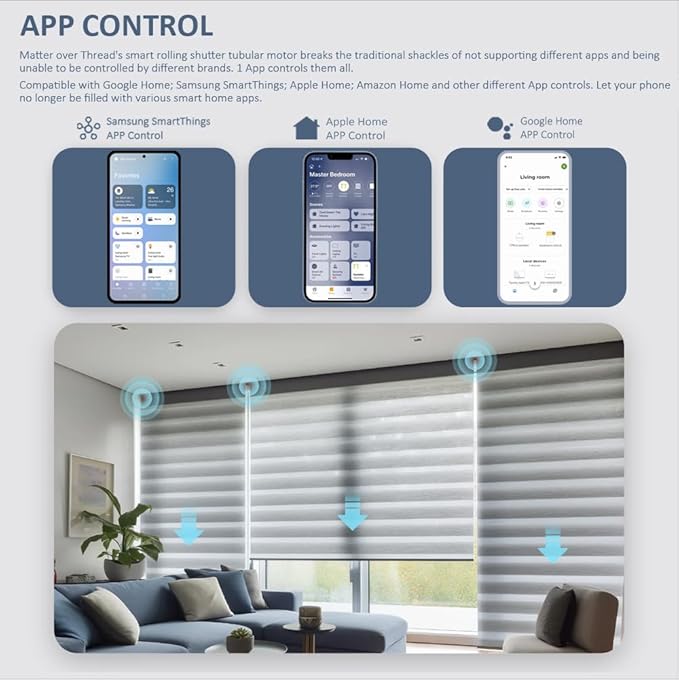 Matter Over WiFi Smart Roller Shade Motor, Φ45mm AC 120V Electric Blind Motor, Works with HomeKit, Alexa, Google Home, SmartThings (20N.m Torque for Φ74mm（3"） Round Tube)
