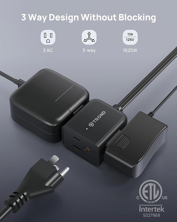 TROND Short Flat Extension Cord 3ft - Right Angled Flat Plug Power Strip, ETL Listed, 3 Plug Extension Outlets, Three Prong, 16 Gauge Wire, 13A, Small for Indoor Home Office Cruise Ship Travel, Black