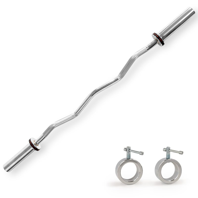 Sunny Health & Fitness 47" Olympic EZ Curl Bar, Chrome Finish, 2" Olympic Sleeves, Bearing & Bushing Rotation, Hill Knurling, Ring Collars, 300 LB Capacity - SF-OB03-47