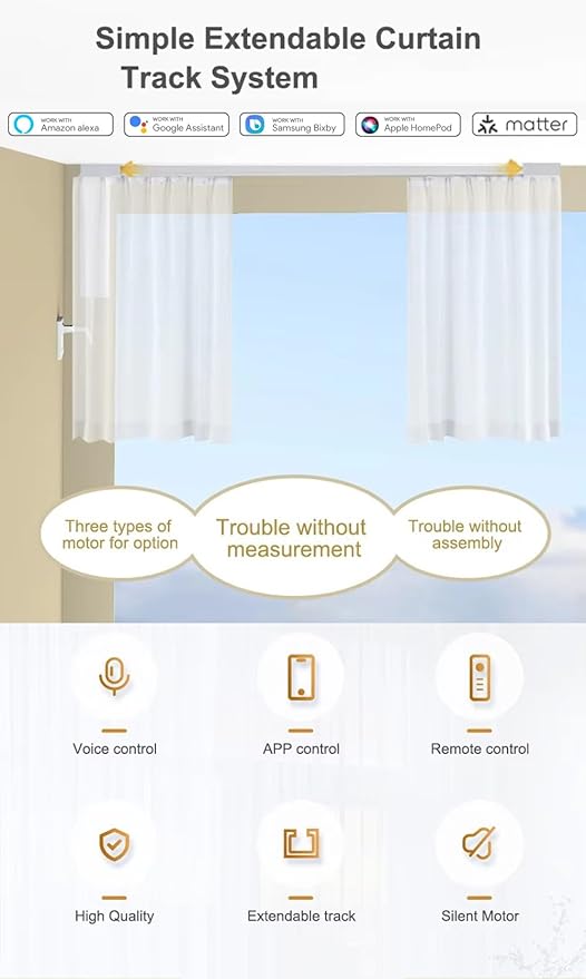 Matter over WiFi Smart Curtain Motor with Retractable Track, 2.5N.m High Torque Automatic Drapery Opener, Compatible with HomeKit, Alexa, Google Home (2.3-4 meters (90.5-157.4 inches) Adjustable)