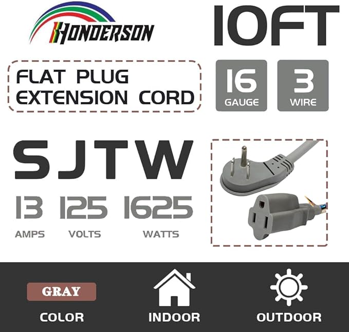 Flat Plug Indoor Extension Cord, UL Certified, 16 Gauge 10FT Grey 3 Prong Heavy Duty, 16/3 SJTW 13A Power Cord for Lights, Appliances, Home