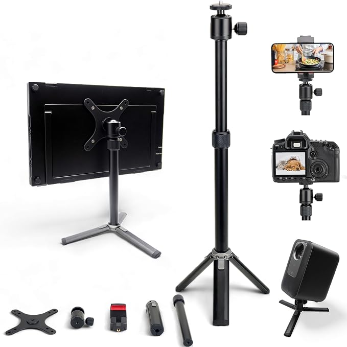Kado Metal Portable Monitor Stand Tripod, Phone/Tablet Clamp for Desk | 100x100mm 75x75mm Wall/Arm Mount Clamping, 360° Ball Head and 1/4" Screw Compact for Phone, Tablet, Projector, Camera, Webcam