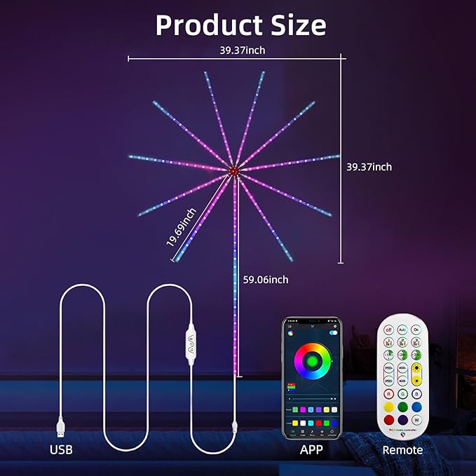 WiFi Bluetooth Smart Fireworks LED Light, Dream Colors LED Firework Lights Indoor with 16 Colors & 10 Lighting Modes, App and Remote Control, for Room, Party, Christmas, Festival Decor (12inchs)