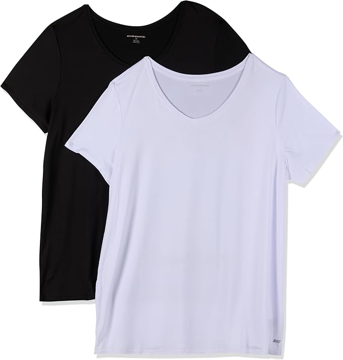 Amazon Essentials Women's Active Quick Dry Tech Stretch Short-Sleeve V-Neck T-Shirt (Available in Plus Size), Pack of 2