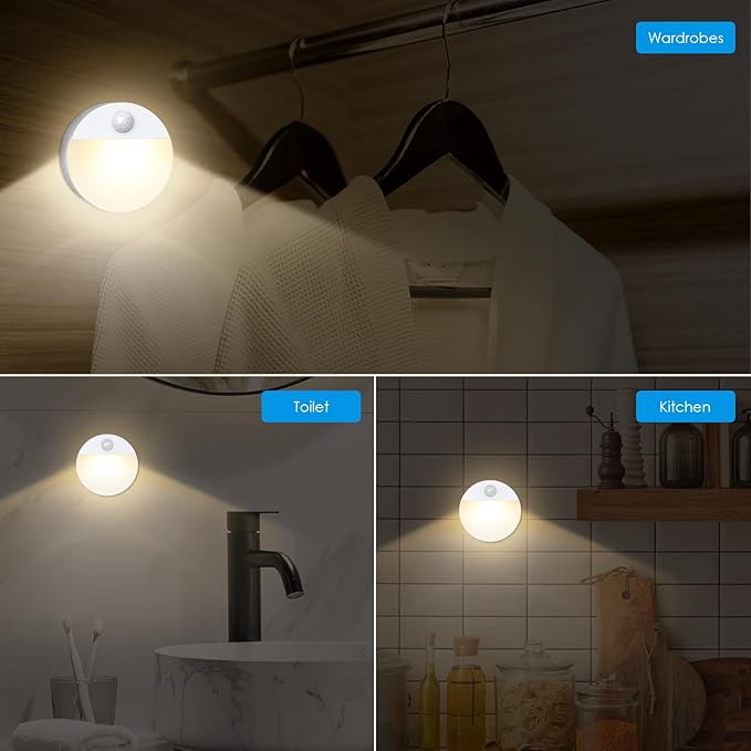 AMIR Upgraded Mini Motion Sensor Light Battery Powered, Cordless Stick On LED Night Light, Wall Light, Closet Lights, Safe Lights for Stairs, Hallway, Bathroom, Kitchen, Cabinet (Pack of 4 Warm White)