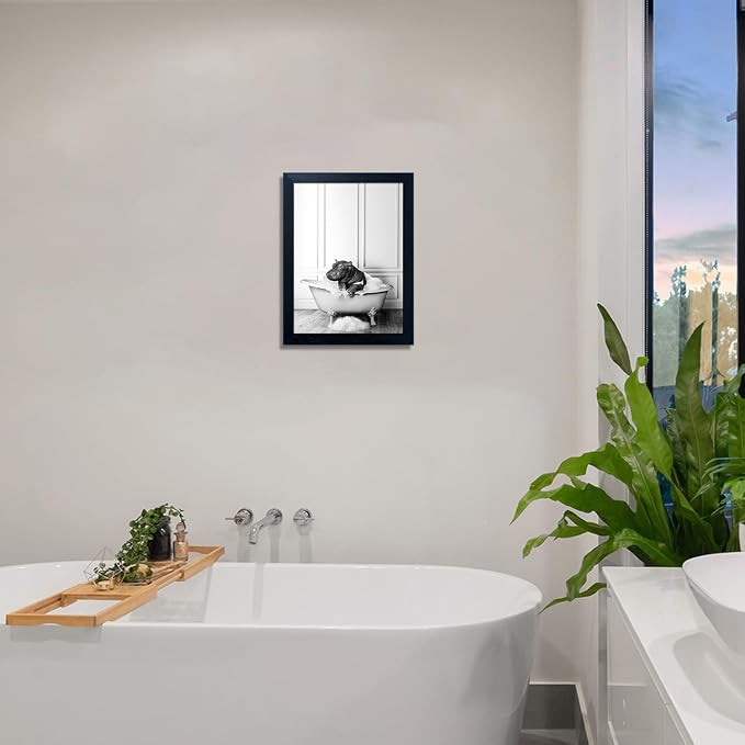 Framed Bathroom Decor Wall Art Black and White Canvas Print Cute Hippo in Bathtub Wall Art Bathrom Painting for Wall