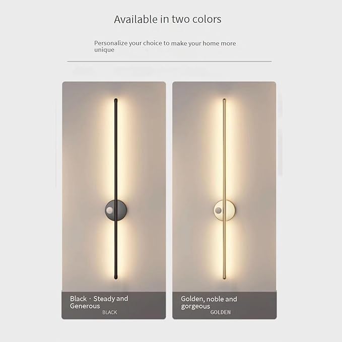 LED Long Strip Wall Lights with Motion Sensor Lamp 3000K/4000K/6000K Lighting Modern Simple Aluminum Mounted Indoor Bedside Decoration Light Living Room(Black Warm Light,60cm)
