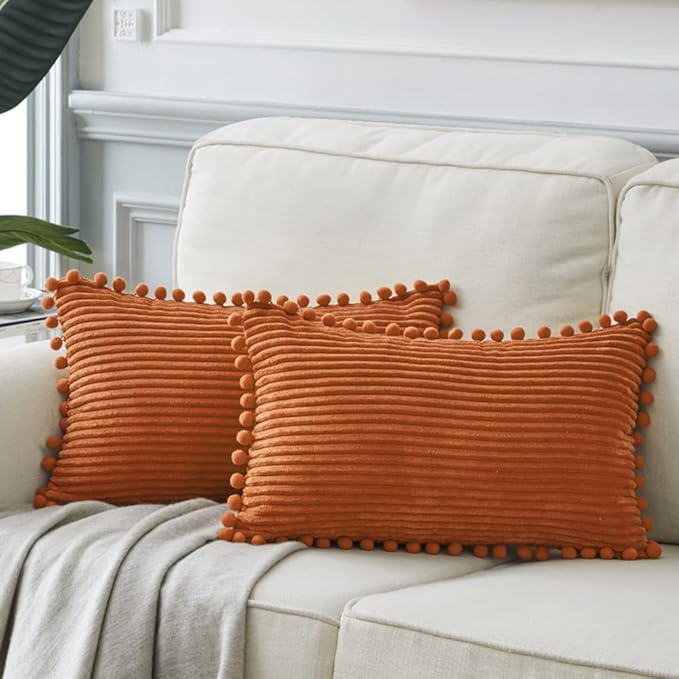 Fancy Homi 2 Pack Rust Lumbar Decorative Throw Pillow Covers 12x24 Inch with Pom-poms for Living Room Couch Bedroom, Soft Corduroy Solid Rectangle Cushion Case 30x60 cm, Rustic Farmhouse Home Decor