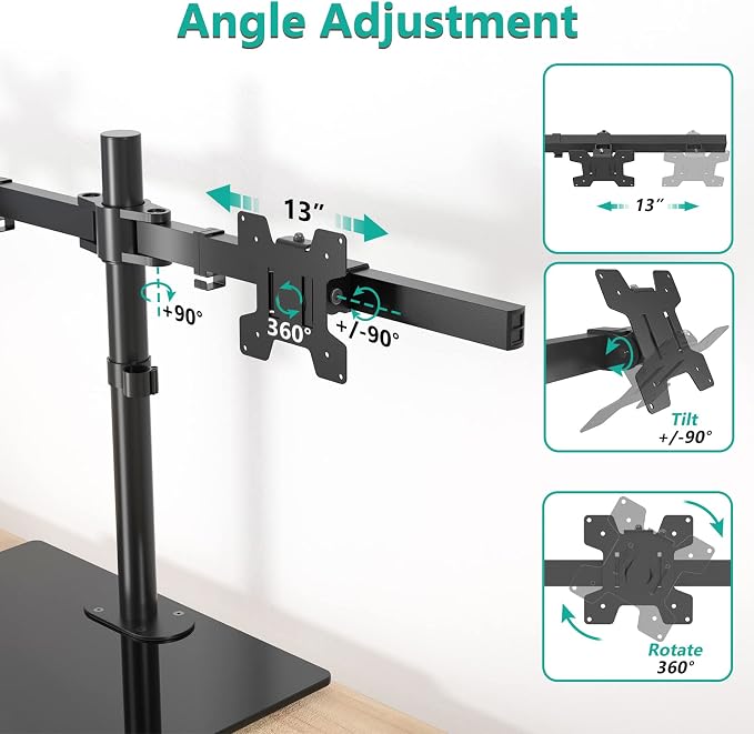 WALI Free Standing Dual Monitor Stand, Height Adjustable Monitor Mount with Glass Base, Fits LCD LED Flat Curved Screen up to 27 inch, 22lbs, with Grommet Base (GMF002)