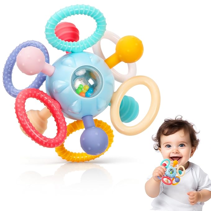 Baby Teething Toys for 0-6 6-12 Months, BPA Free Food Grade Silicone Teether, Infant Sensory Chew Rattles Toys, Gifts for Infant Newborn Boys Girls 0 3 6 9 12 18 Months, Sky Blue