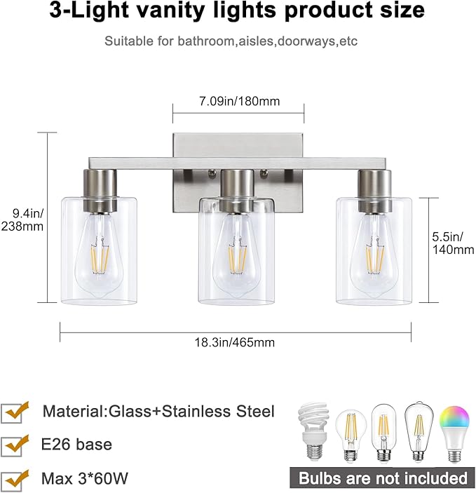 3-Light Vanity Lights,Brushed Nickel Vanity Light,with Clear Glass Shade for Bathroom Light Fixtures, Bathroom Light Fixtures Over Mirror