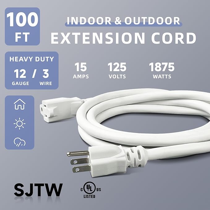 EP 12/3 100 FT Indoor Outdoor White Extension Cord Waterproof, 12 Gauge 3 Prong Power Cord Flexible Resistant Appliance Extension Cable Electric Cable Outside, 15A 1875W 12AWG SJTW, ETL Listed