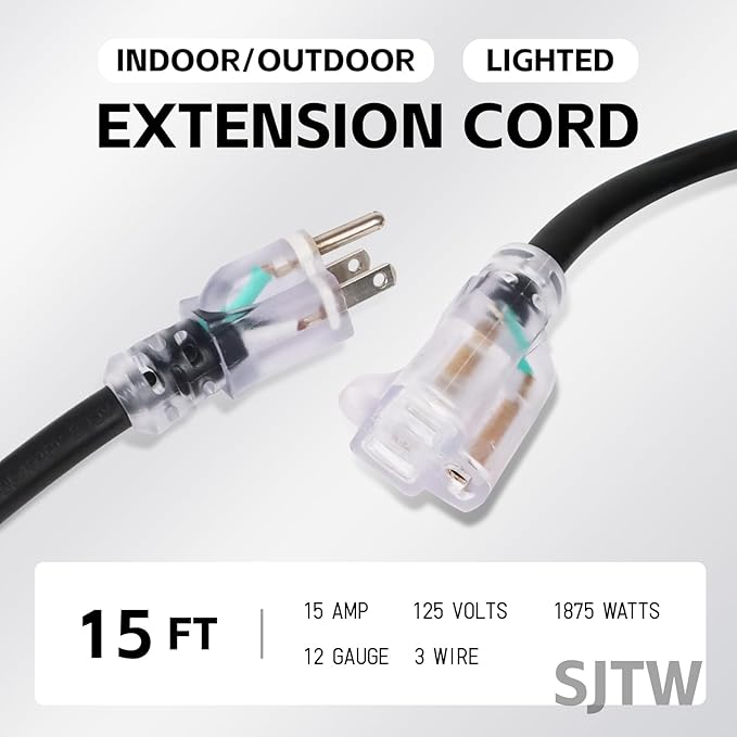 EP 15 Ft Outdoor Extension Cord, 12/3 SJTW Heavy Duty Waterproof Power Cable, 3 Prong Grounded Plug, Lighted End, for Lawn, Garden, Appliances, Black