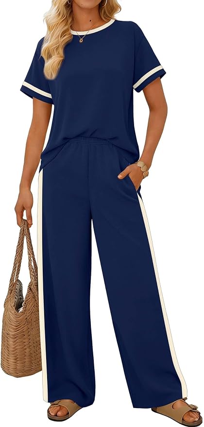 Sampeel 2 Piece Sets for Women Matching Sets Summer Outfits Resort Wear Short Sleeve Lounge Set Wide Leg Pants with Pockets