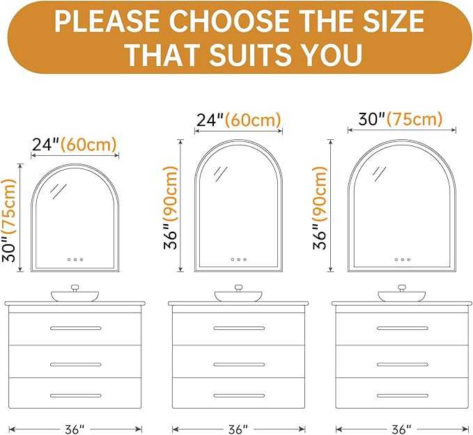 24"x36" Arched LED Mirror for Bathroom, Brushed Gold Lighted Bathroom Mirror with Lights, Fogless, Dimmable, Shatterproof, Touch Sensor, 3 Color Changing