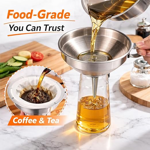 No Spill Kitchen Funnel Set, Food Grade 3 Collapsible Silicone Funnels with 1 Stainless Steel Funnel, Strainer for Hot Oil, Brush, Hook, and Storage Bag, Filling Bottles, Liquids, and Dry Ingredients