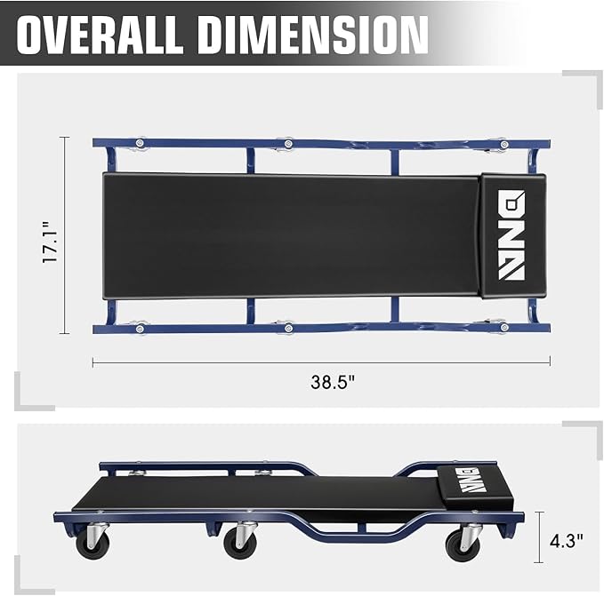 DNA Motoring 40inch Low Profile Plastic Rolling Garage Shop Creeper, Heavy Duty Creeper for Garage, Warehouse, Car Repair Shop, TOOLS-00638-BK-BL
