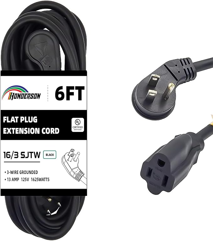 Flat Plug Indoor Extension Cord, UL Certified, 16 Gauge 6FT Black 3 Prong Heavy Duty, 16/3 SJTW 13A Power Cord for Lights, Appliances, Home