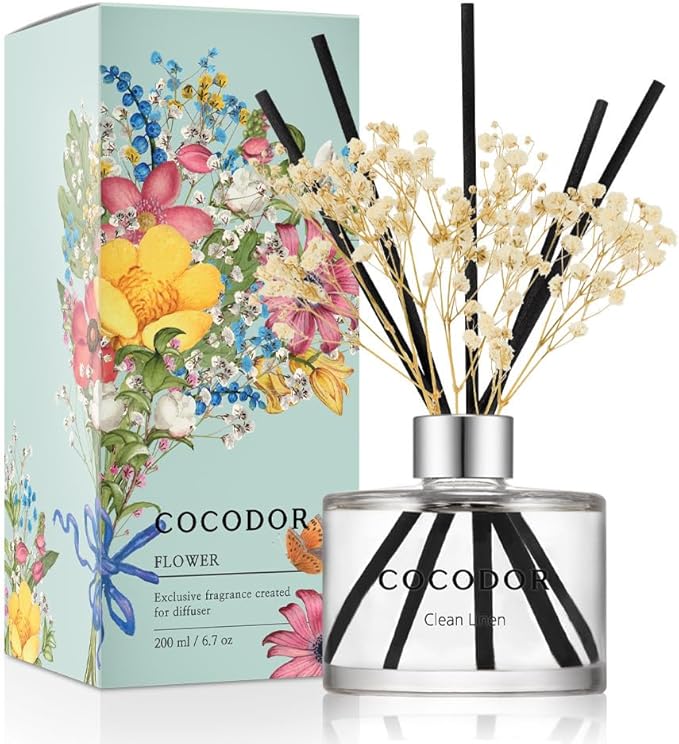 COCODOR Flower Reed Diffuser Set / 6.7oz / Clean Linen/Scent Diffuser with Sticks Home Fragrance Reed Diffuser for Bathroom Shelf Decor