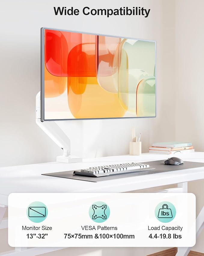 Single Monitor Desk Mount, 13-32 inch Adjustable Full Motion Monitor Arm, Computer Monitor Stand Holder with Clamp and Grommet Base, Fit 4.4 to 19.8lbs Screens, VESA Mount Bracket, White, Freelift Pro