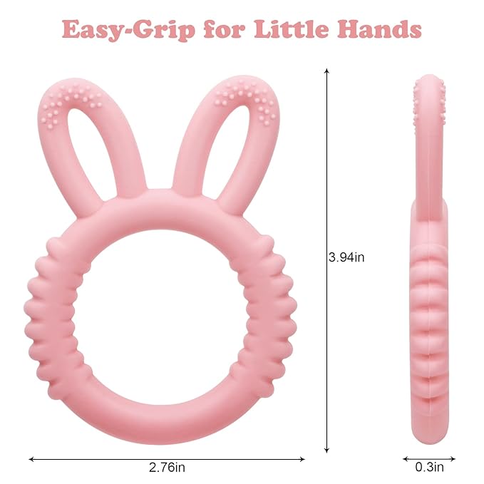 Silicone Babies Teethers Baby Teething Toys for Soothe Massage Sore Gums for 3-12 Months Infants, BPA Free, Easter Gifts for Boys and Girls, Ring Shape Rabbit Ear Design (Pink)