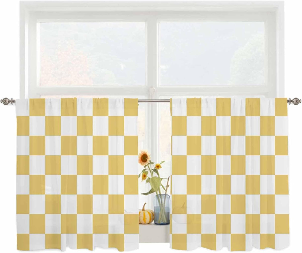 Lemon Yellow Checkered Sheer Curtains for Living Room Bedroom Geometric Yellow Buffalo Plaid Sheer Curtains 45 Inch Long 2 Panels Set Light Filtering Curtain Window Treatments Drapes for Dining Room