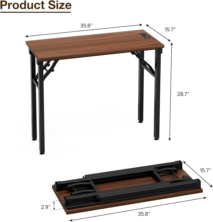 TEMI Small Computer Desk Folding Table - No Assembly, Compact 35.8" Foldable Desk with Power Outlets & USB Charging Port, Portable Small Office Desk, Ideal Mini Study Table for Narrow Spaces, Walunt