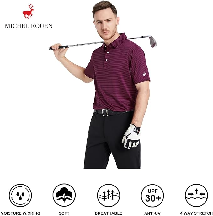 Mens Golf Shirt Moisture Wicking Dry Fit Performance Sport Short Sleeve Striped Golf Polo Shirts for Men