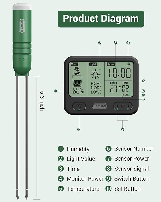 4-in-1 Soil Moisture Meter, 300ft Wireless Soil Tester Sensor, Temperature/Light/Time/Soil Hygrometer Monitor with Digital LCD Display for Indoor Outdoor Plants, Garden, Lawn, Gardening Gifts