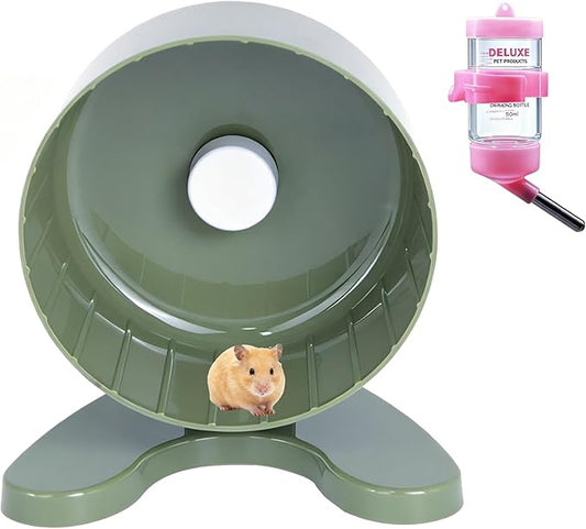 6.5" Super Silent Hamster Wheel with Stand & Water Bottle – Ultra Quiet Exercise Running Wheel for Gerbils, Syrian & Dwarf Hamsters, Chinchillas, Small Pets – Noiseless Spinning Design,Green