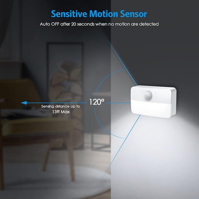 6 Pack Motion Sensor Stair Lights for Indoor, Battery-Operated LED Night Light, 40 Lumen 6500K, Cordless Closet Light, Safe Lights for Stairs, Hallway, Bathroom, Bedroom,Kitchen, Cabinet